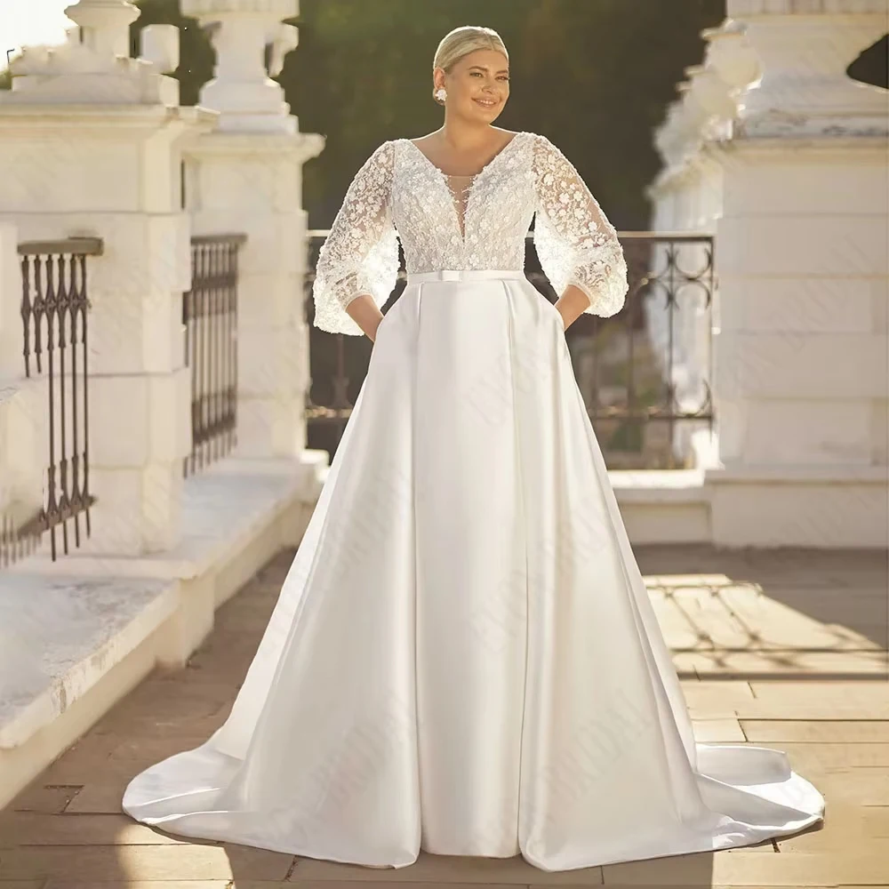 Customized Oversize Wedding Dresses with Lace Ivory Satin V Neck Strapless Plus Size Bridal Gowns for Women Vestido De 2025 New