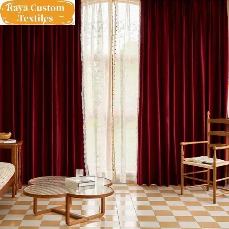 

Curtains for Living Room Dining Bedroom Burgundy Velvet Vintage Light Luxury Pearl Lace Palace Grace Artistic Sense White Tulle