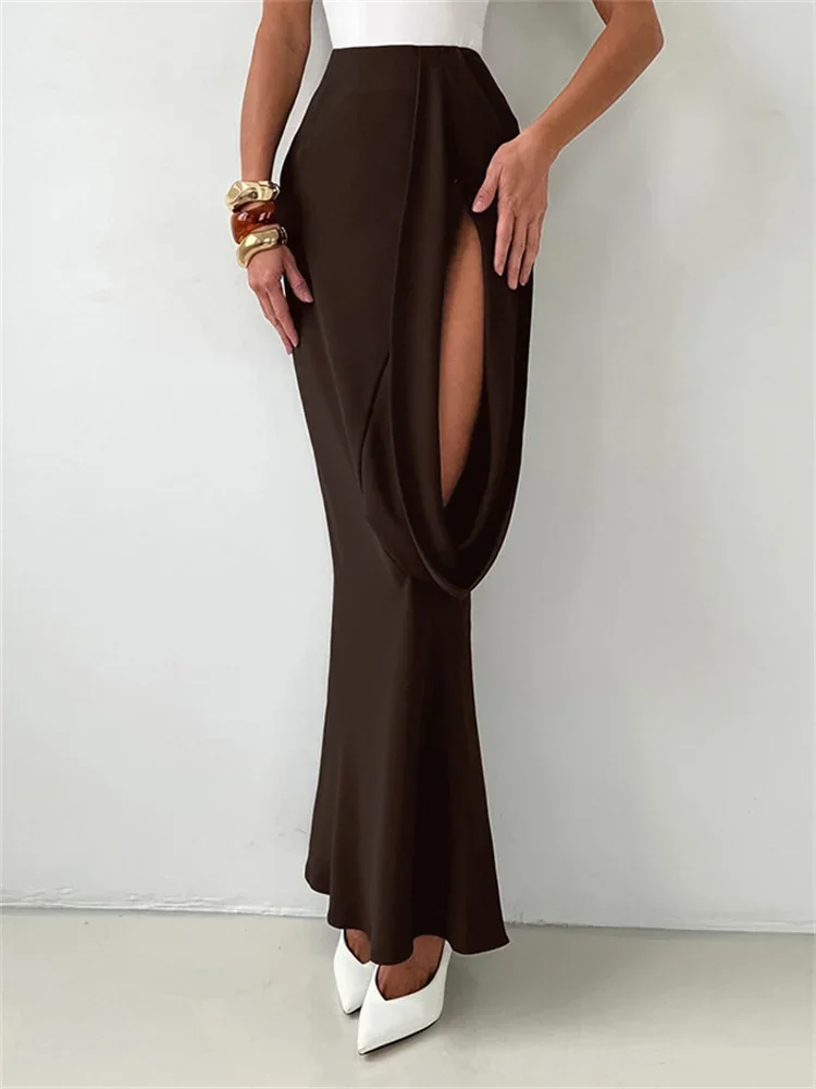 

2026 Hollow Out Commute Long Skirt Women's High Waist Slim Patchwork See-Through Party Looks Female Summer Maxi Skirt