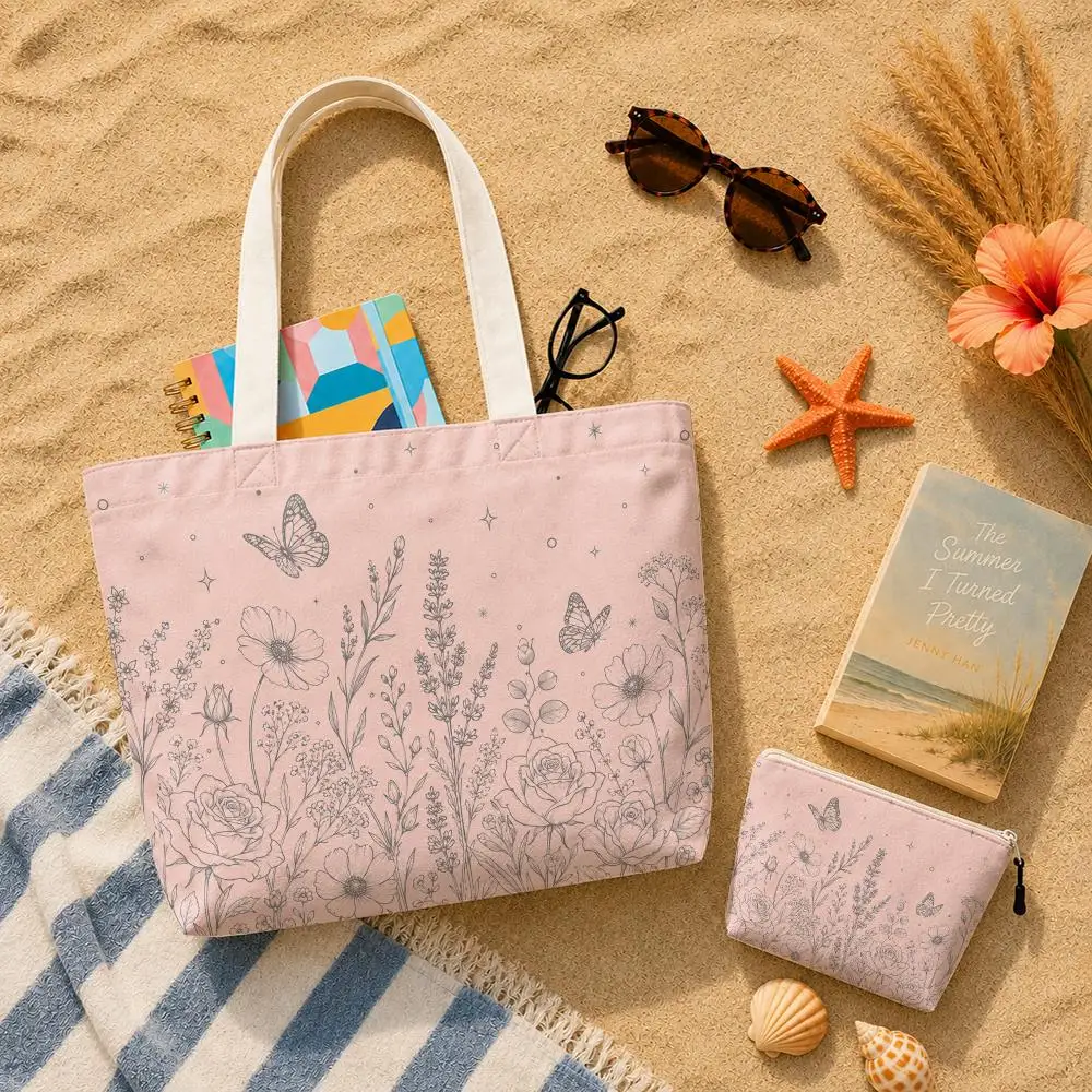Blue Floral Butterfly Storage Bags 2-Piece Set Double-Sided Printed Canvas Tote Bags with Zipper Shopping Shoulder Handbags