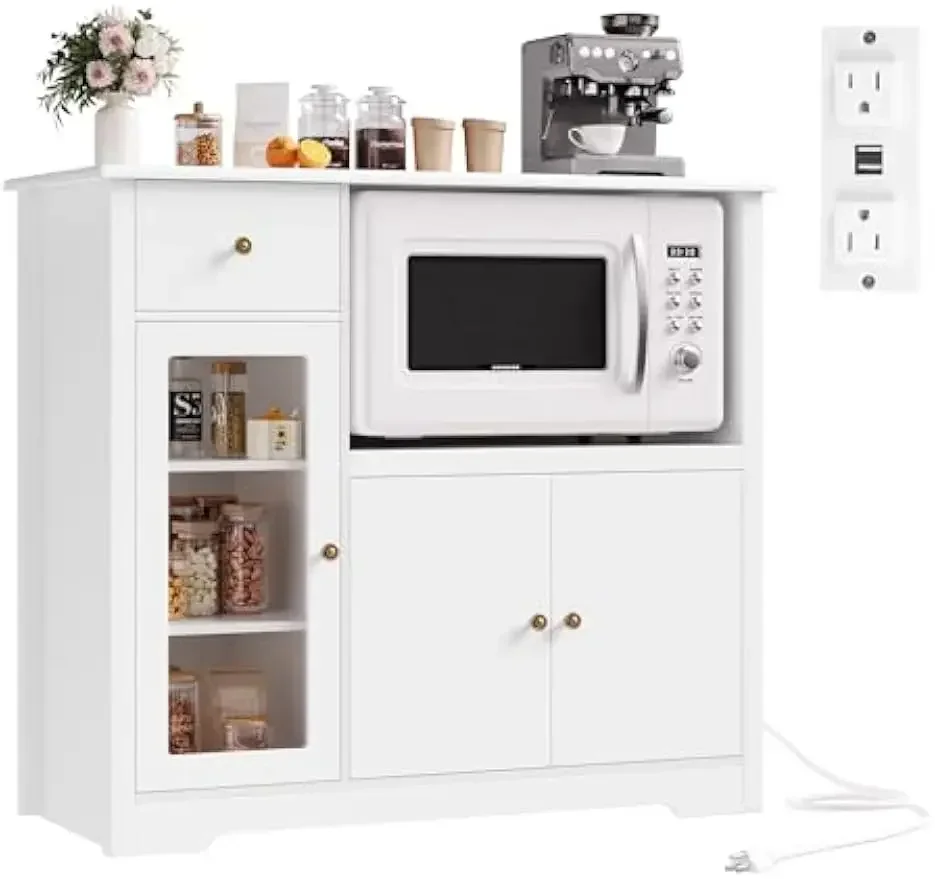 Microwave Cabinet with Charging Station,Adjustable Shelves,Modern Buffet Sideboard Cabinet,Dining Room,Living Room,White