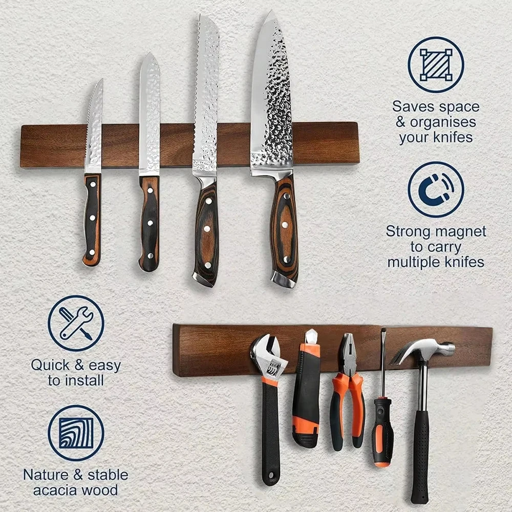 XITUO Wall Mount Magnet Knife Holder, Wood Magnetic Knife Holder Strip for Knives Kitchen Tools Utensil Organizer Accessories