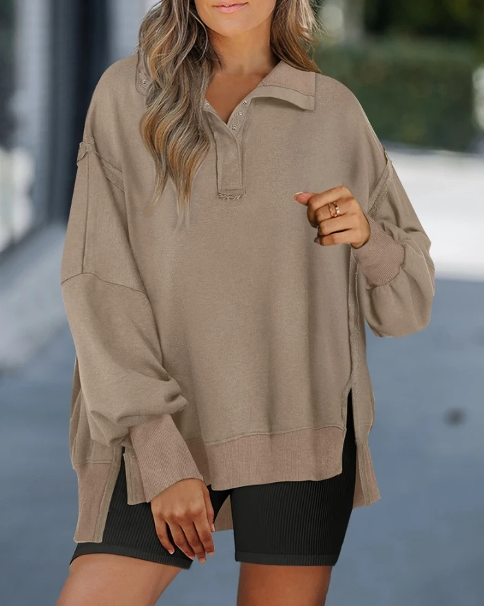 Women's Oversized Sweatshirt Exposed Seam Half Polo Collar Long Sleeve Side Slit Dip Hem Pullover Loose Tops Sweater Woman