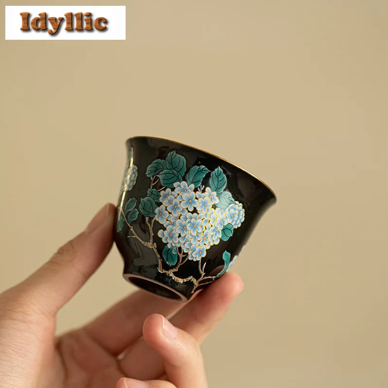 Cloisonn É الأسود المزجج المطرزة الكرة زهرة فنجان الشاي الرجعية وعاء الشاي لطيف كوب الشاي تذوق كوب شخصي Jianzhan ماستر أكواب الشاي #3