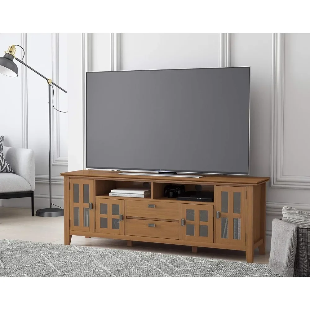 Solid wood Universal TV Media Stand, 72 inch Wide, Living Room Entertainment Center, Storage Cabinet, Honey Brown