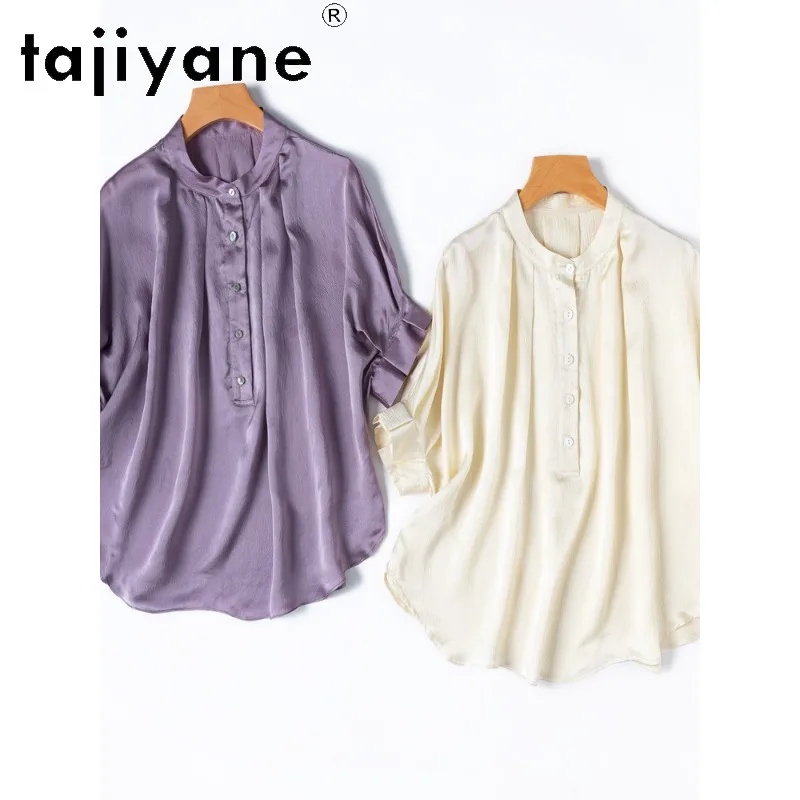 

TAJIYANE 100% шелковая блузка из тутового шелкопряда для женщин, повседневная рубашка с воротником-стойкой, летний топ с коротким рукавом, женская одежда 2026