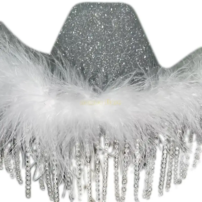 31BFスパンコールラインストーンタッセルカウボーイハットウェディングカウガールハットシーサイドハットフェザーブリムウエスタンエレガントドレスアクセサリー