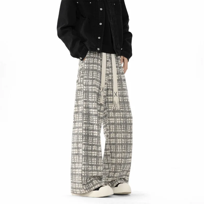 

Black Casual Pants Men Retro Plaid Pants Men Streetwear Hip-hop Loose Wide Leg Pants Mens Vintage Trousers Large Size 4XL