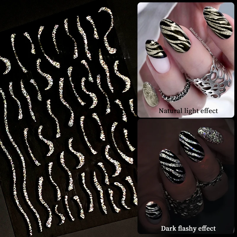 French 3D Nail Decals Stickers Stripe Line French Tips Transfer Nail Art Manicure Decoration Gold Reflective Glitter Stickers