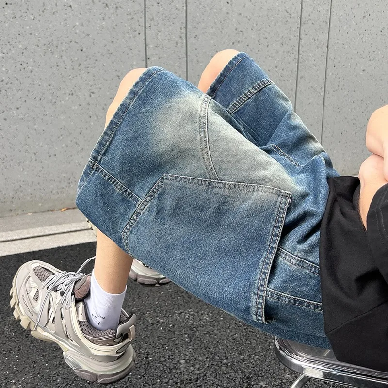 Novedad de verano, pantalones cortos vaqueros holgados, pantalones vaqueros rectos informales a la moda Harajuku, pantalones cortos con cordón de lavado Vintage para hombre, ropa de calle