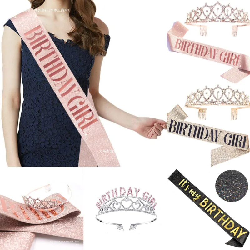 

21-30 Party Sparkling Pink Girl Birthday Shoulder Strap Etiquette Strap Crown Photography Props Birthday Party Decoration New