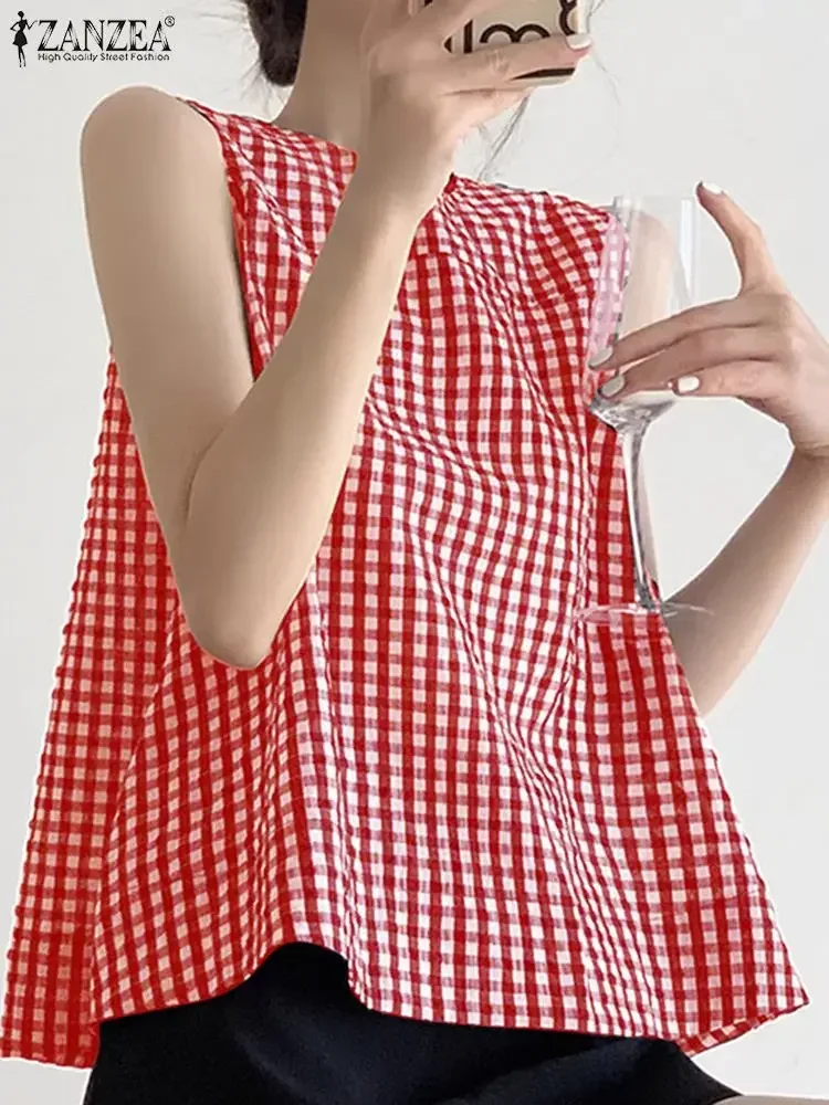 ZANZEA Summer Harajuku Tank Tops Women Korean Sleeveless Plaid Camis 2024 Blouse Fashion Sweety O-Neck Shirts Casual Loose Tunic