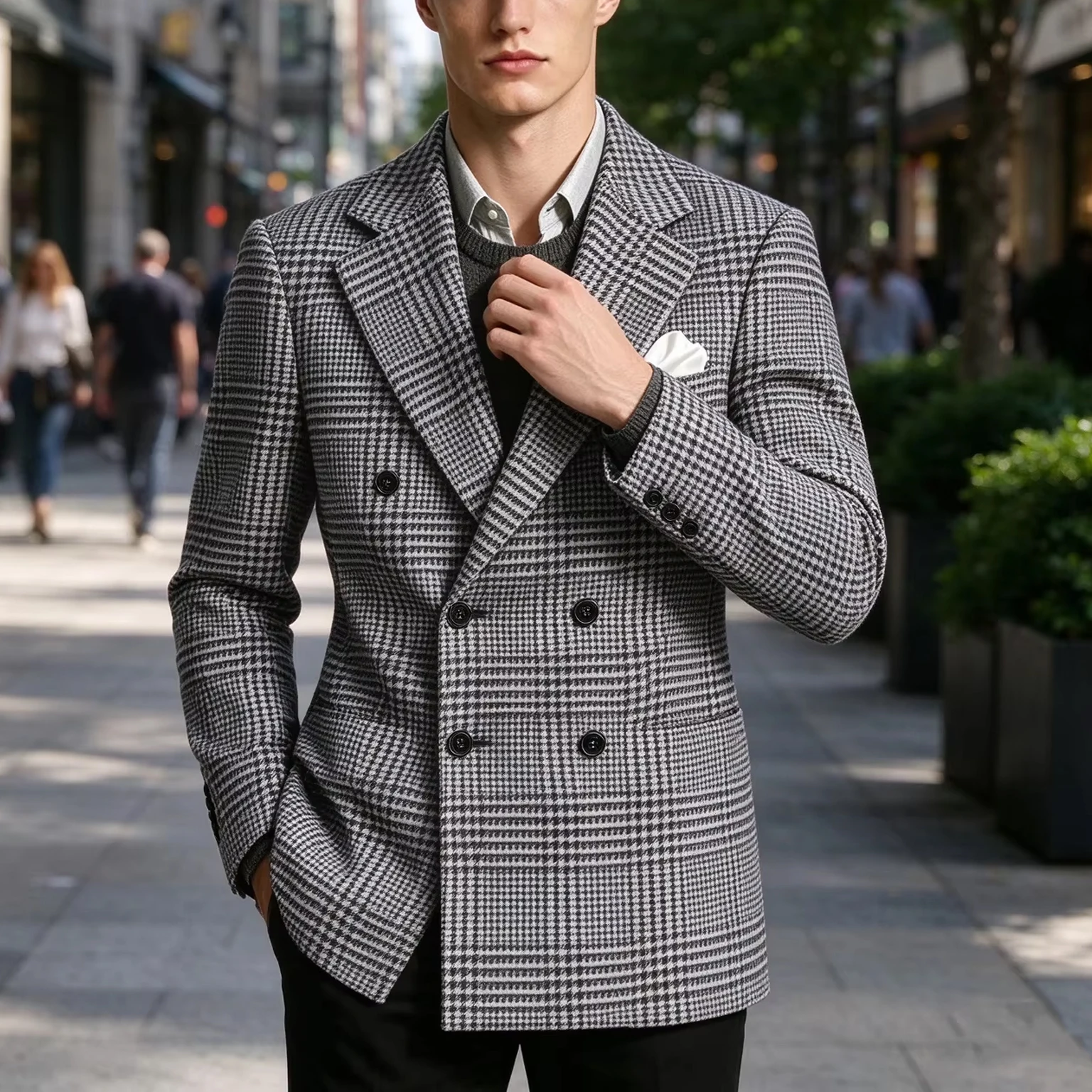 Men's Double Breasted Glen Plaid Blazer Houndstooth Check Slim Fit Suit Jacket Peak Lapel Formal Business Casual Wedding Coat