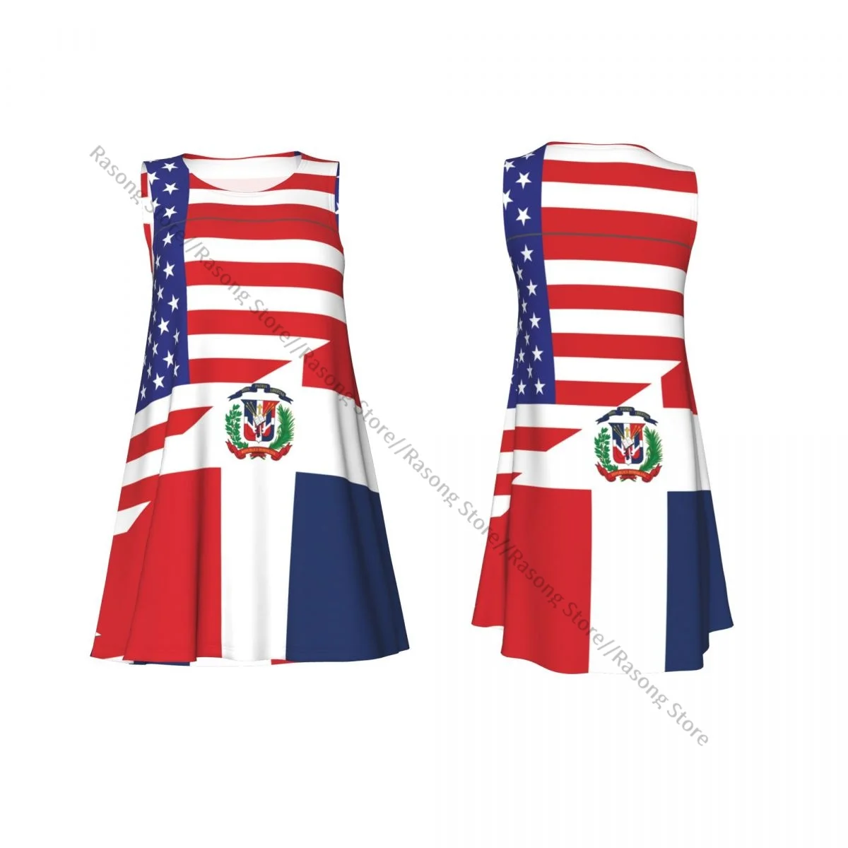 Robe de vêtements pour femmes, drapeau américain et drapeau de la république dominicaine, col rond, longueur sans manches