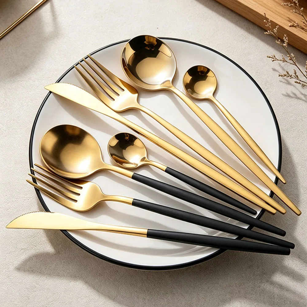 8Pcs Tableware Dinnerware Set Western Black Cutlery Set Stainless Steel Fork Knife Teaspoon Dinner Kitchen Flatware Set