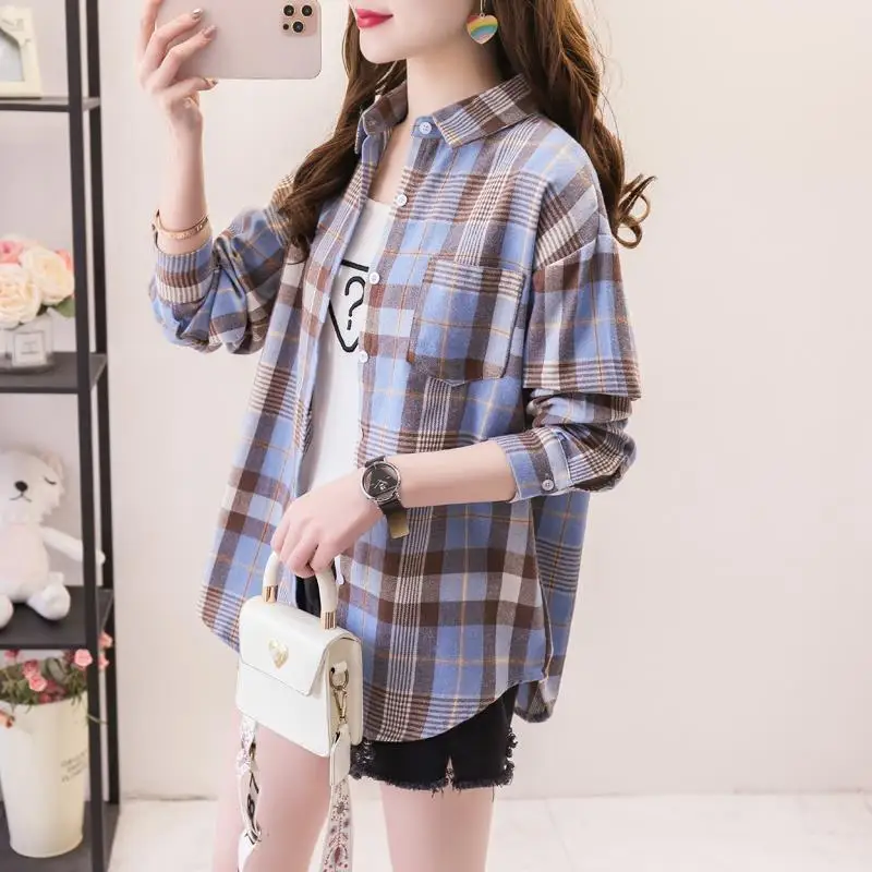 Women\'s Autumn Fashion Simplicity Plaid Long Sleeve Shirts Women Clothes Casual Loose All-match Temperament Elegant Tops