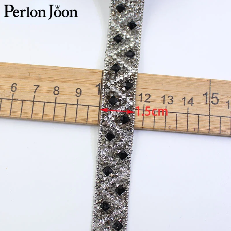 1 Yard Grey Black Geometric Square Glass Crystal Hot Repair Tape DIY Clothing Accessories Decoration Rhinestone Trim TR156