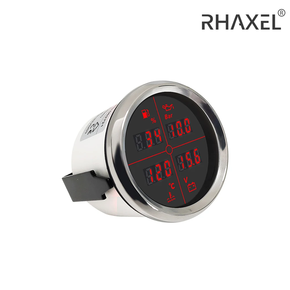 Rhaxel 85mm 4 in 1 Multifunction Gauge with Fuel Level Oil Pressure Water Temp. Voltmeter for Auto Boat with 8 Colors Backlights