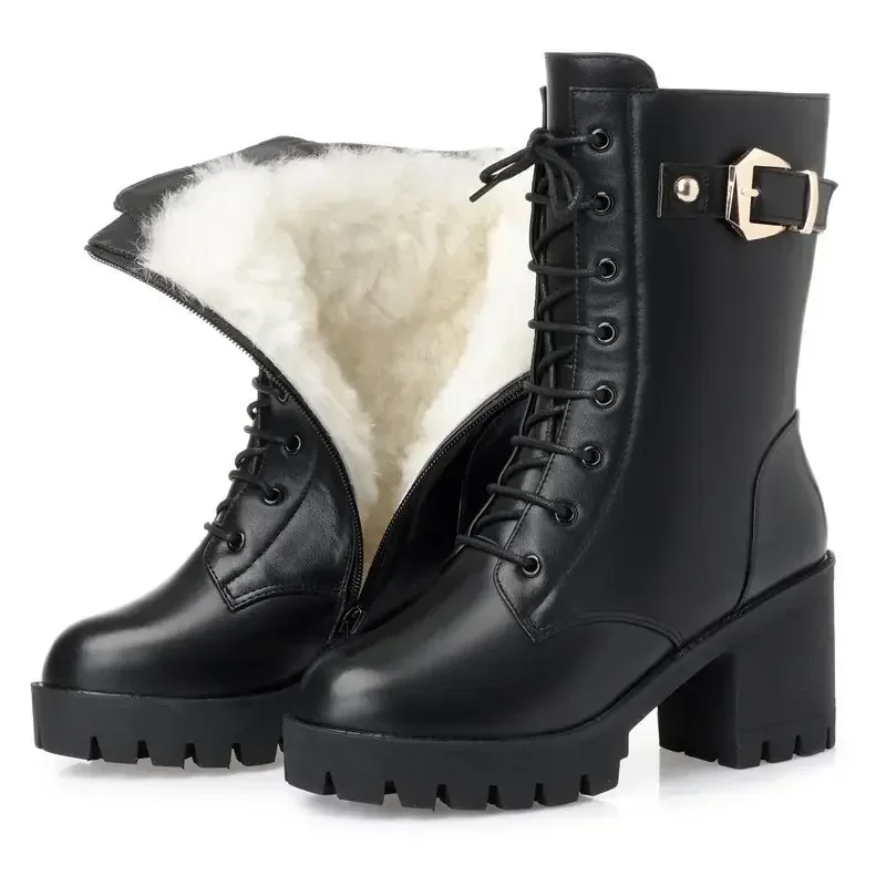 Winter Women Boots 2024 Keep Warm High-heeled Womens Shoes Leather Platform Cotton Ladies Short Boots Womens 35-41 Snow Boots