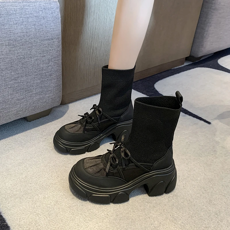 

Женские ботинки-носки на платформе, дизайнерская обувь на высоком каблуке, зимние полусапожки на массивном каблуке, модные туфли-лодочки 2025 года, прогулочные зимние ботинки Botas Mujer