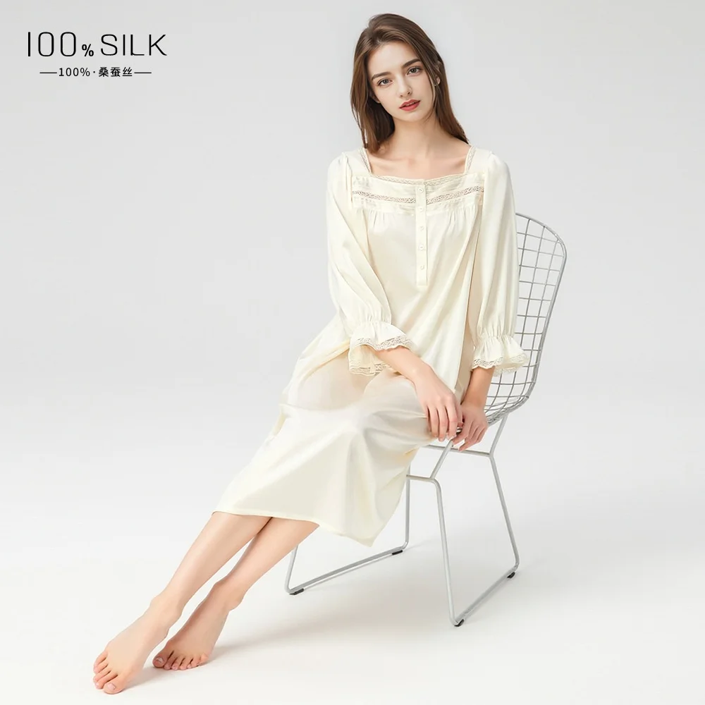 Women's Silk Nightdress, French Square Collar Princess Dress, 100% Mulberry Silk Loungewear, Cool Bubble-sleeve Nightdress