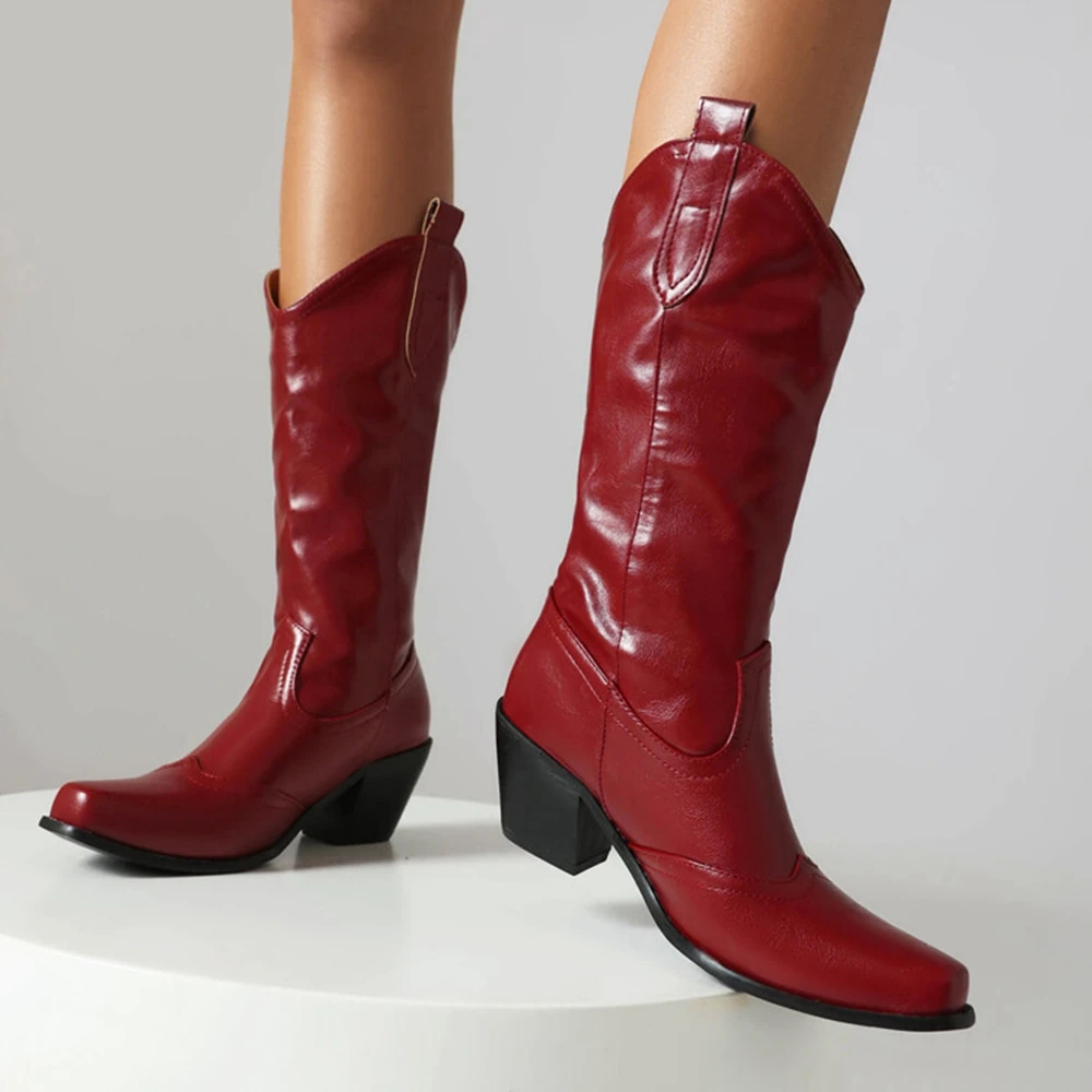 أحذية رعاة البقر الغربية ريترو الأسود منتصف العجل أحذية للنساء كعب سميك أحذية القوطي بوتاس دي موهير حجم كبير 34-48 أحذية 777-9