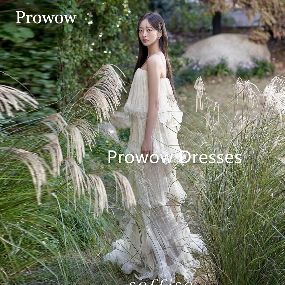 

Prowow Exquisite Ivory A Line Wedding Dress Korea Photoshoot Sleeveless Bridal Gown Floor Length Layered Soft Tulle Customized