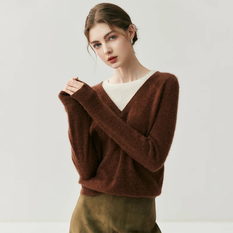 

Autumn Winter Women's 100% Cashmere O-neck Long-Sleeved Faux Two-Piece Pullover Sweater Casual Soft Laid-Back Style Base Knitted