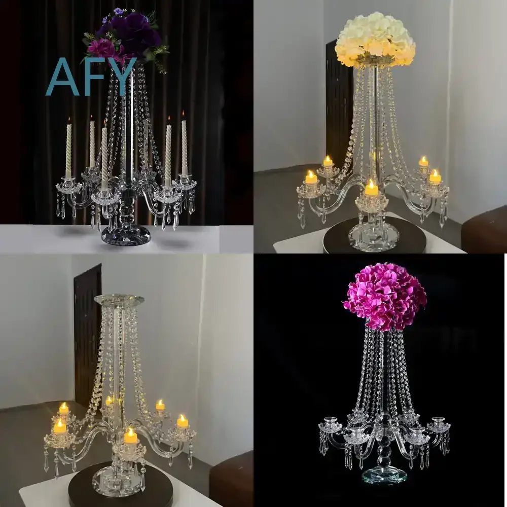Crystal Candlestick for Wedding Road Guide Ornament Decorative Glass Crystal Candle Holder Flower Stand Living Room Soft