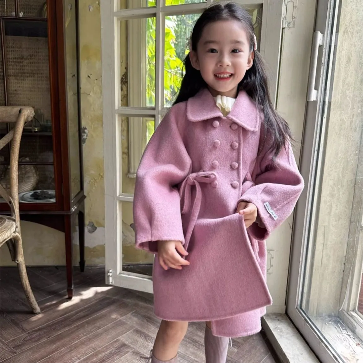 الخريف والشتاء طفل الفتيات معطف الصوف جديد الحلو الوردي الأرجواني معطف مزدوج الصدر للأطفال 90-140 سنتيمتر