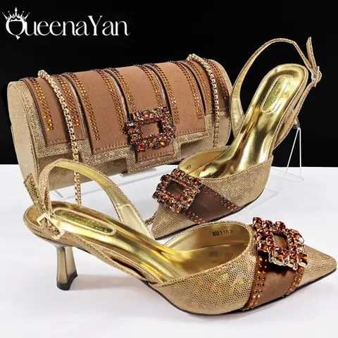 Spot Goods – chaussures et sac à talons pour femmes, mode italienne, Design bloc de couleurs élégant, marron, sac de fête entièrement en strass