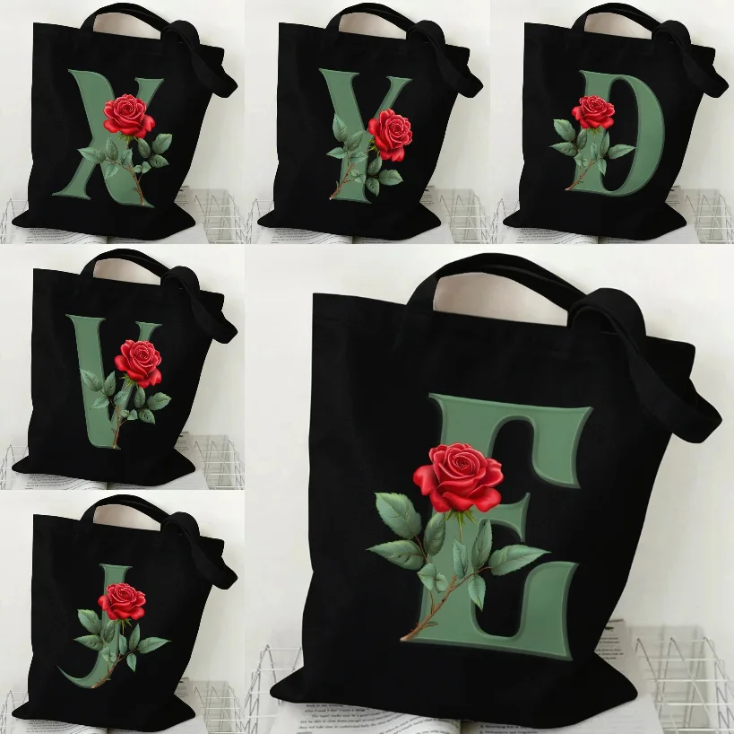 

Green Rose A-Z 26 Letter Print Modern Women's Canvas Tote Bag Student Backpack Shoulder Bag Foldable and Eco-friendly