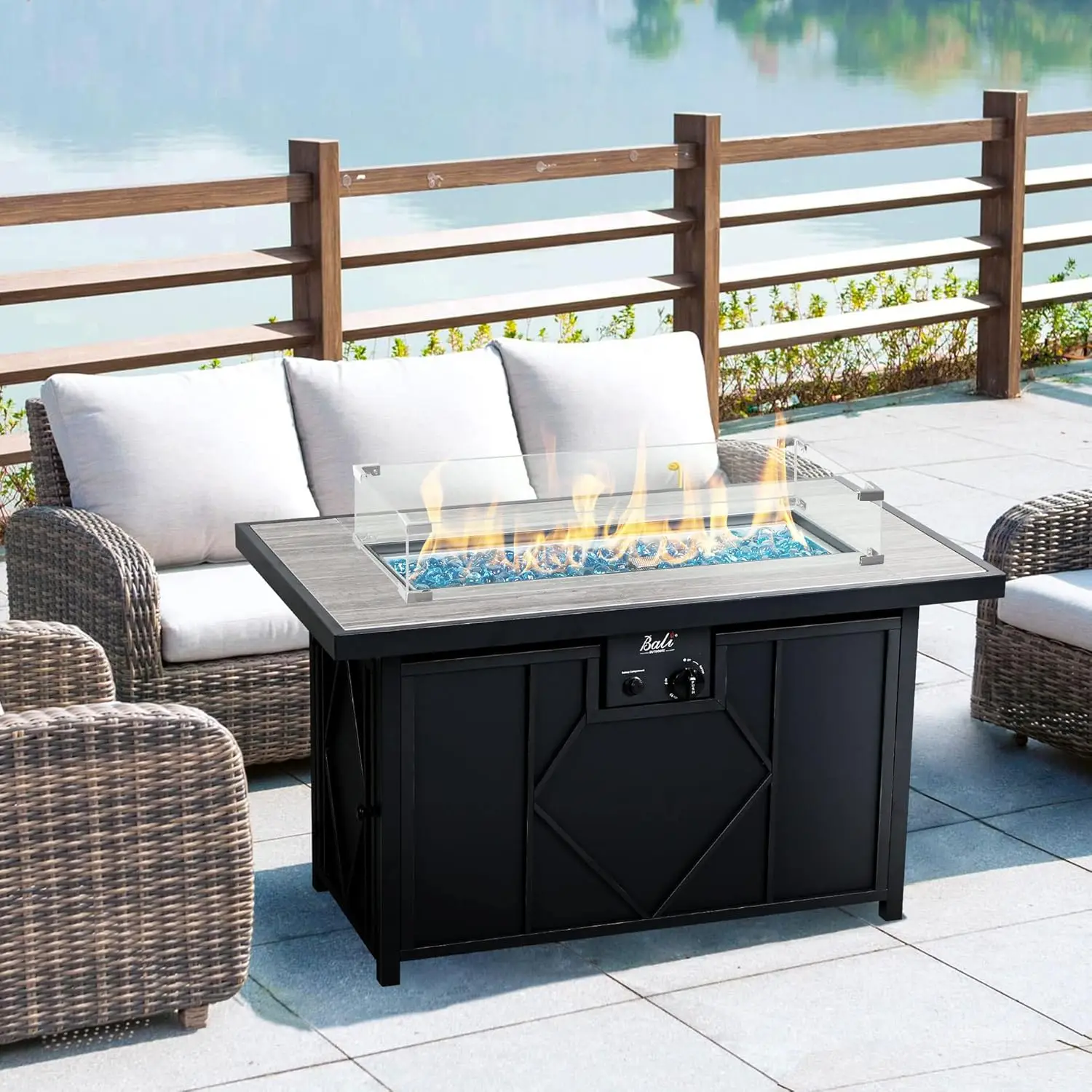 42 inch 60,000 BTU Gas FirePit Table with Glass Wind Guard, Rectangular Fire Pit with Tile Tabletop