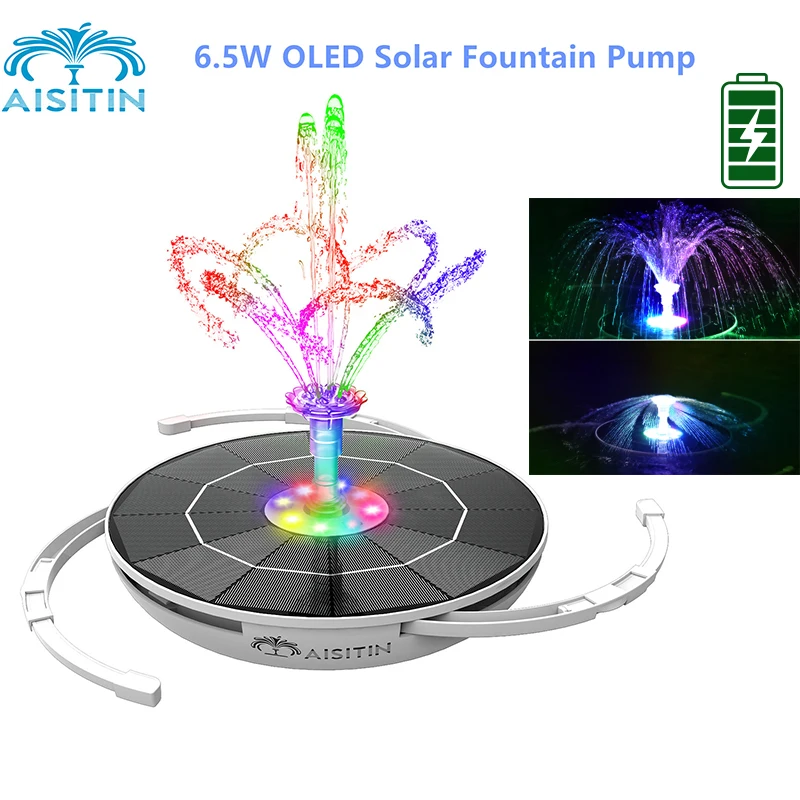 AISITIN 6.5W fontanna solarna pompa wbudowana 3000mAh bateria, zasilany energią słoneczną pompa do fontanny z diodami LED do stawu, ogród