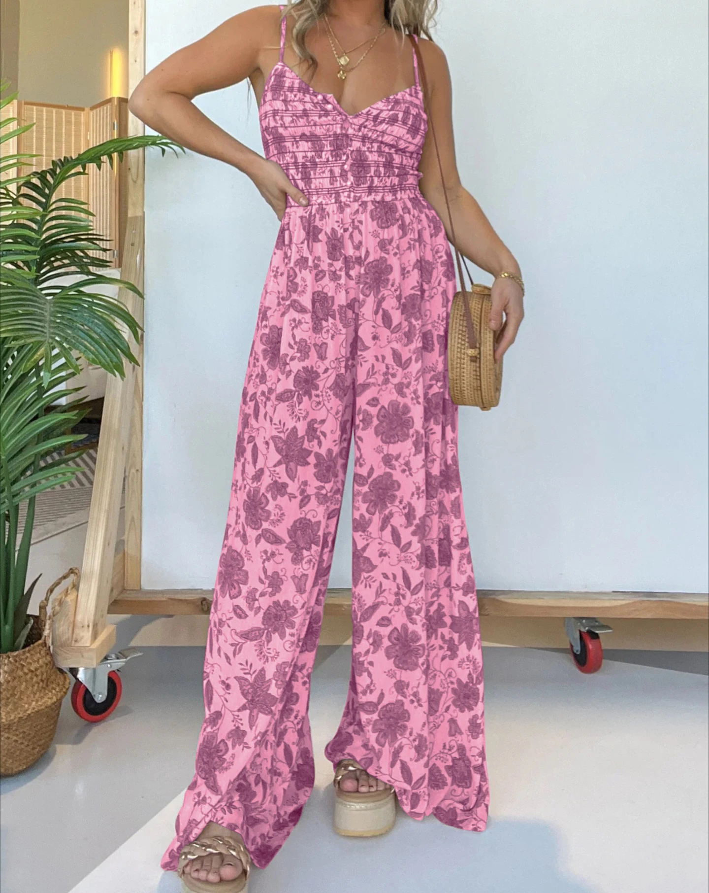 Women One Piece Print Floral Jumpsuits Sleeveless V Neck Sling Rompers Wide Leg Long Pants Overalls Sexy Hight Waist Summer