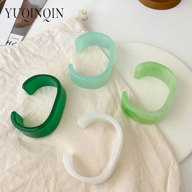 GuanLong New Trendy Green Imitation Jade Wide Bangles for Women Design Open Cuff Bracelet Bangle Charm Elegant Gift Accessories