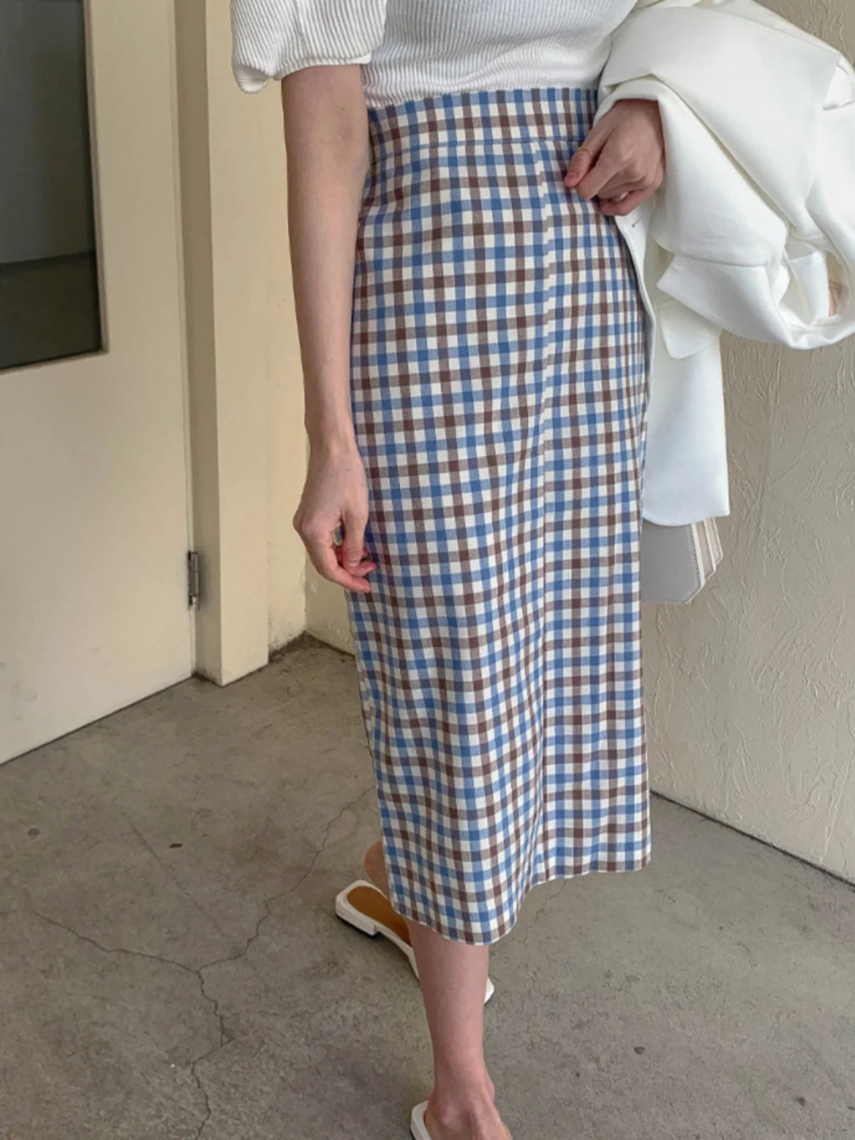 

Chic Summer Anti-Aging Vintage Small Design Sense Personali Casual Versatile Slim High Waist Plaid Skirt