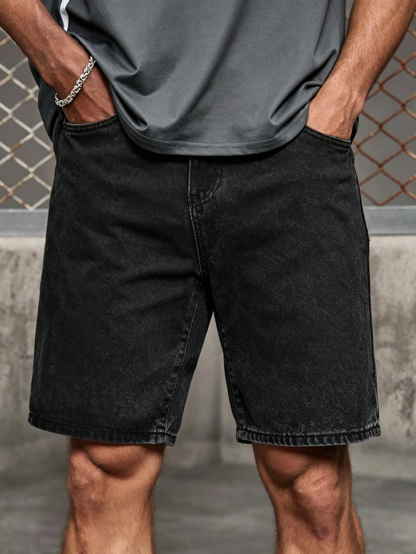 

Fashion black non stretch denim jorts for men loose fit casual daily wear comfortable short pants