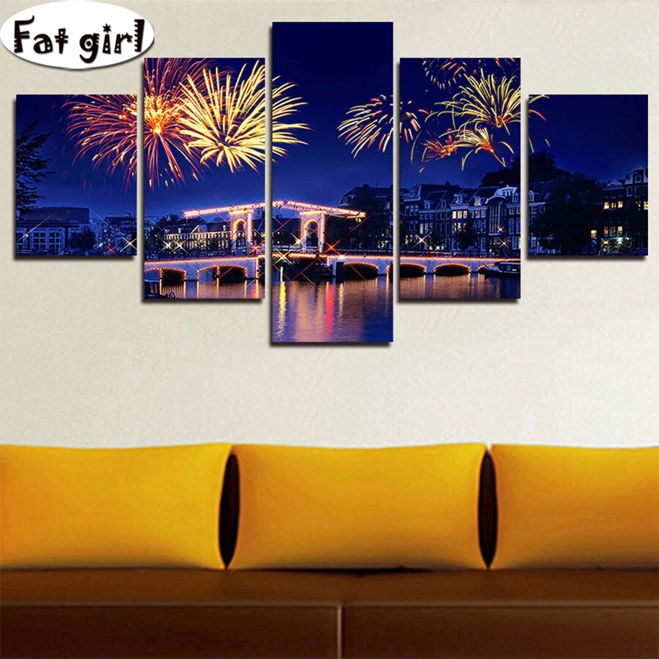 

5 picture diamond painting square round drill 5d embroidery Beautiful view of fireworks under the night sky cross stitch mosaic