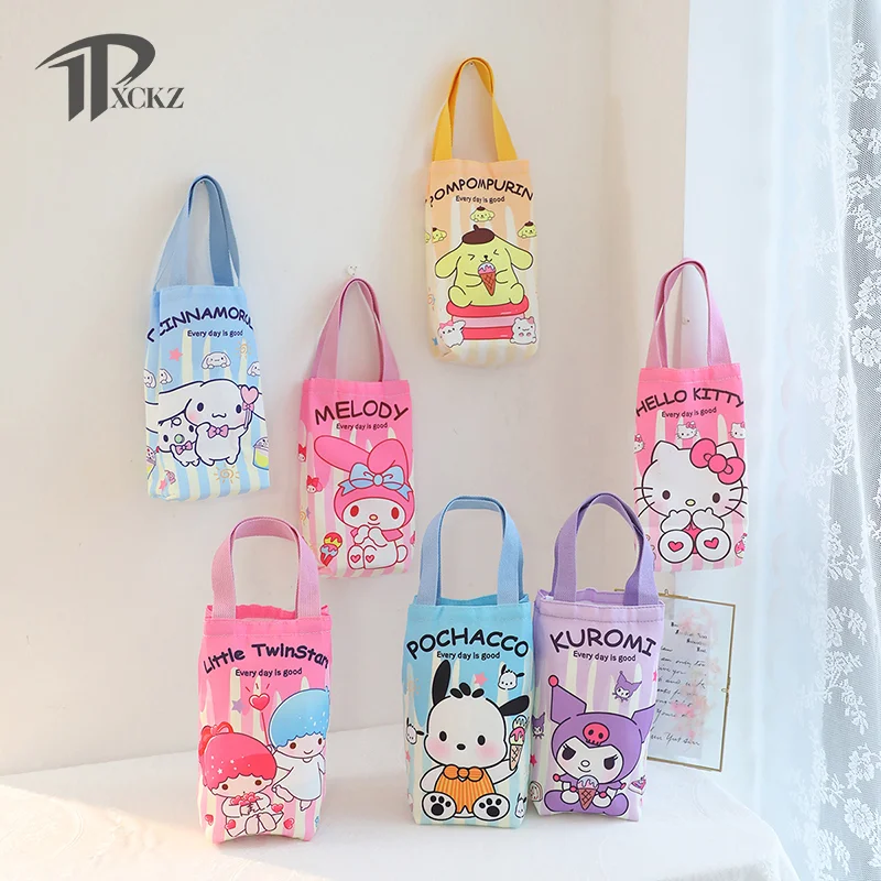 

Kawaii Sanrio Hello Kitty Water Bottle Bag Cute Kuromi Pochacco Canvas Mug Bags Tote Girls Gift