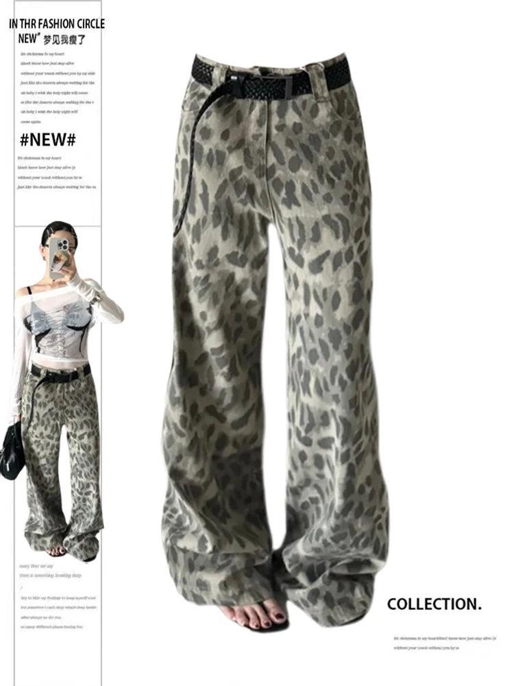 

Winter Women's Flared Pants Low Rise Leopard Print Bell Bottom Y2k Cowboy Baggy Denim Designer Goblin Core Harajuku Wide Fit