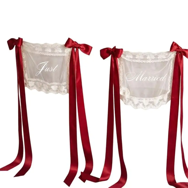 Sheer Chair Back Cover Set for Wedding Ceremony, Just Married Panel Pair with Ribbon Fasteners for Reception Use C7AC