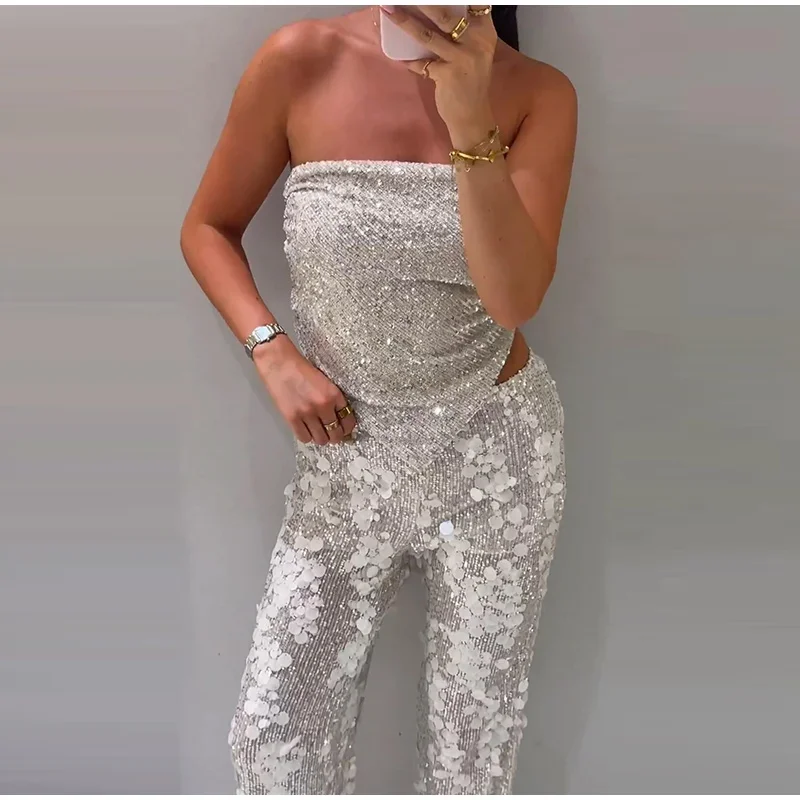 Pailletten-Zweiteiler für Damen, schulterfreies Tube-Top, mittelhohe Taille, gerade geschnittene Hose, sexy, modisches, passendes Outfit für Partys – Detail 7