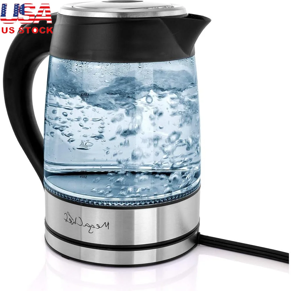 

Electric Tea Kettle 18L Stainless Steel Glass Body Automatic Shut Off Boil Dry Protection 360 Cordless LED Indicator