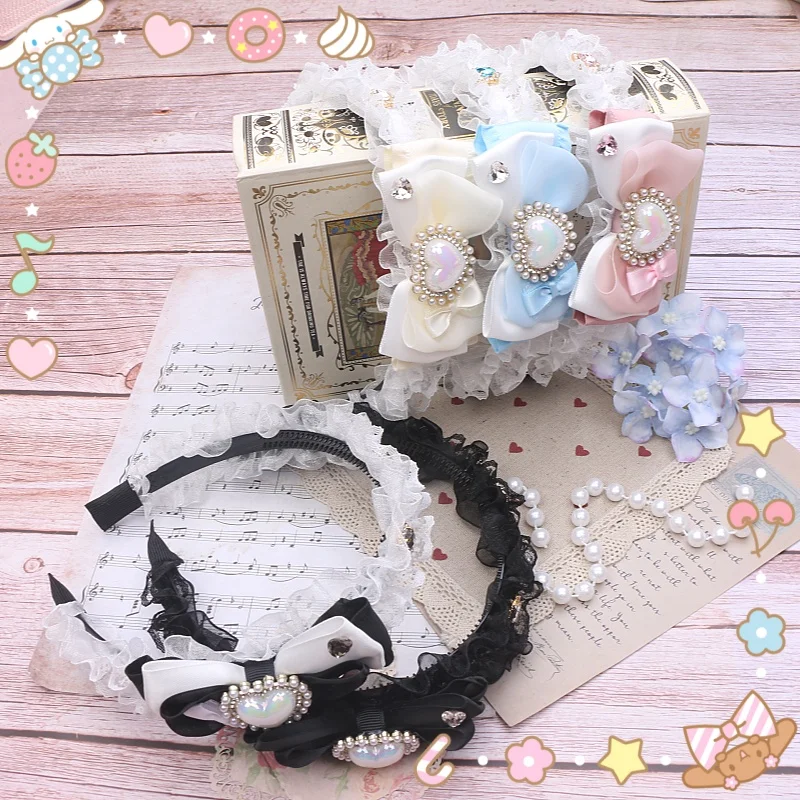 Japanese Style Romantic Handmade Bow Rhinestone Lace Edge Headband Sweet Hair Accessories for Women Girls Lolita Headband