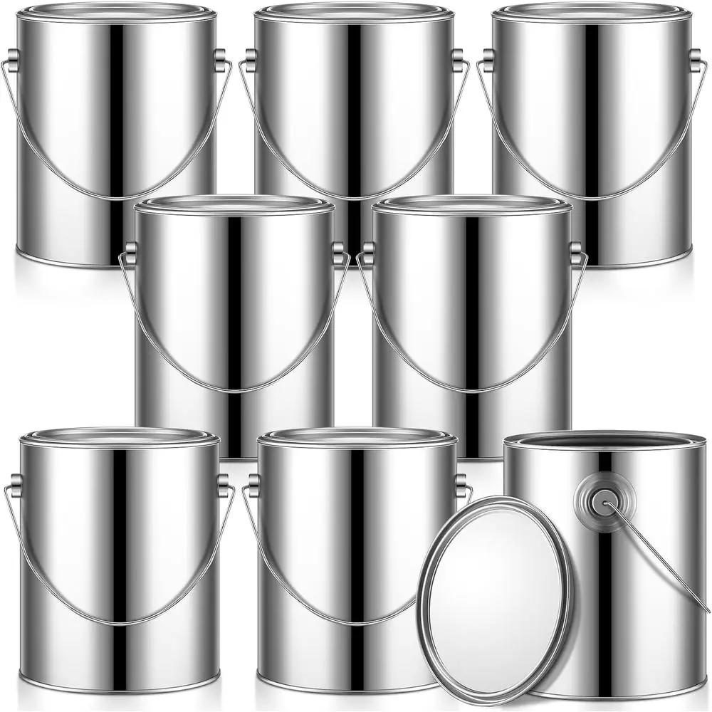 

8 Pcs 1 Gallon Empty Paint Cans with Lids Metal Paint Buckets with Handle or Varnish Crat DIY Art Supply Storage (Silver)