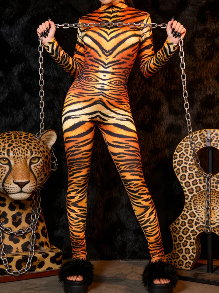 Damen Leoparden-Catsuit, eng anliegender Jumpsuit, Cosplay-Outfit, Halloween, Dschungel-Tier-Thema, Rave, Nachtclub, Tanz, Bühnenkostüm – Detail 13
