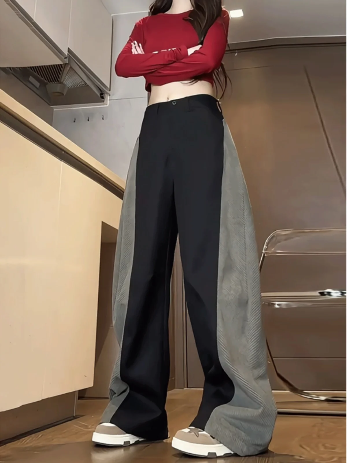 

Американские ретро-джинсы из денима для женщин: осенне-зимние, с цветными вставками, широкие прямые брюки, повседневные, длинные