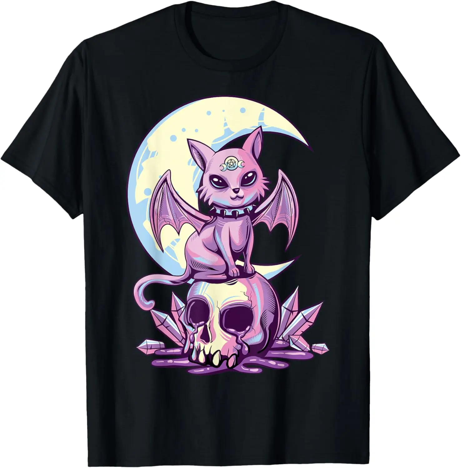 Pastel Goth Wiccan Cat Cute Creepy Witchy Cat and Skull T-Shirt