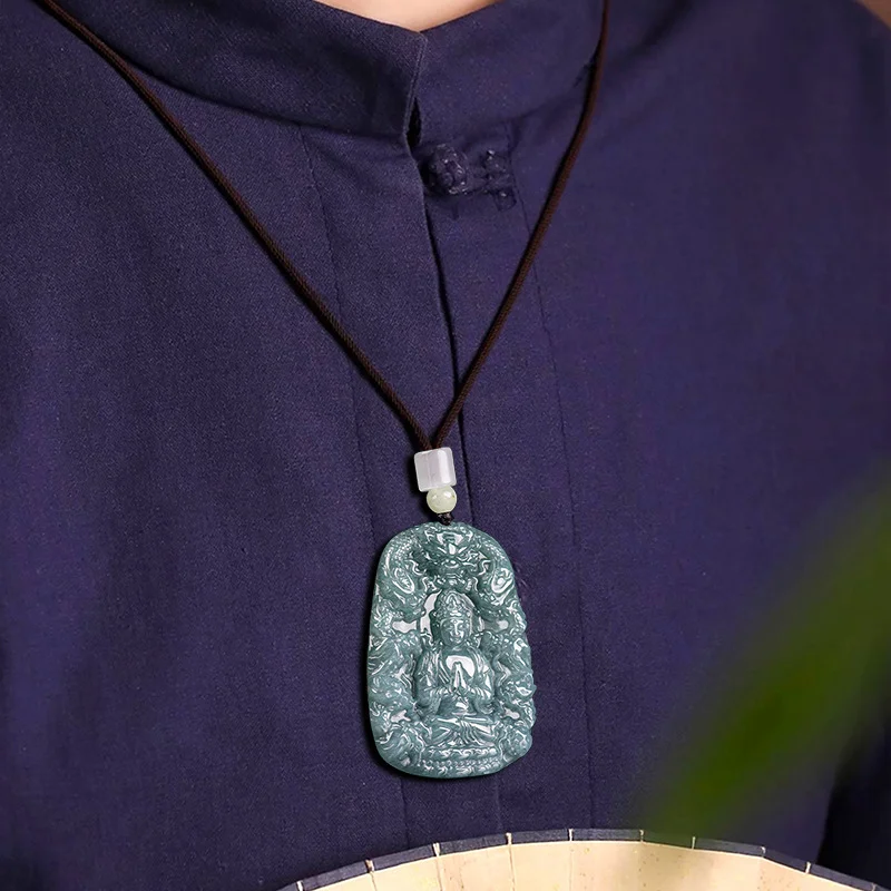 Emerald Blue Water Jade Kowloon Guanyin Bodhisattva Pendant Myanmar Jadeite Necklace Jewelry Charm Designer Lucky Women Amulet